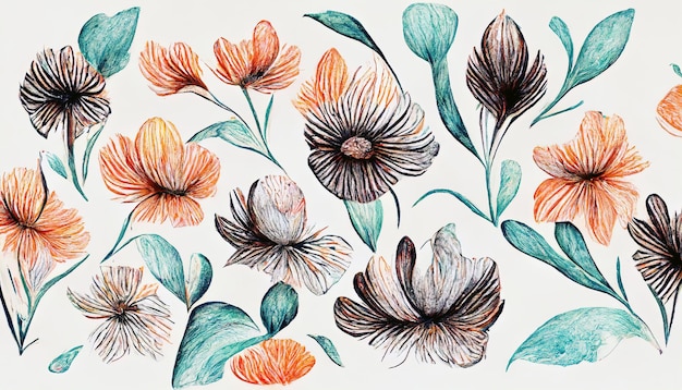 Handdrawn summer floral background Botanical seamless background of abstract flowers Sketch drawing Vintage style