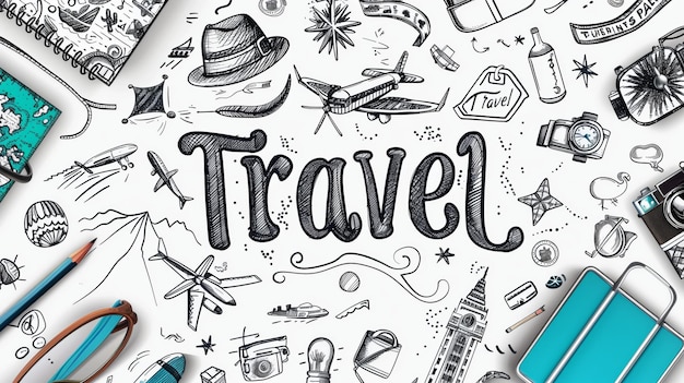 手描きの旅行テーマのイラストとドードルアイコンと要素