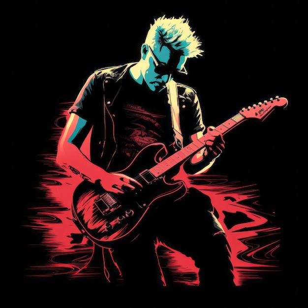 Photo handdrawn tshirt graphic pop singer playing guitar on black background