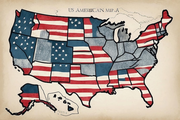 HandDrawn US Map with American Flag Patriotic Sketch