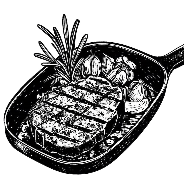 Foto vettore disegnato a mano blackwhite garlicroasted bistecca rosmarino in padella