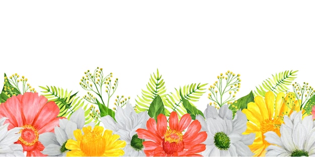 Handdrawn watercolor border with garden flowers zinnia and chrysanthemum