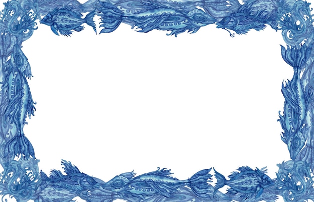 Photo handdrawn watercolor borders of fantasy blue fish