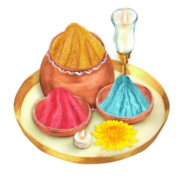 다채로운 파우더 블루 옐로우와 마젠타가 있는 손으로 그린 수채색 그릇