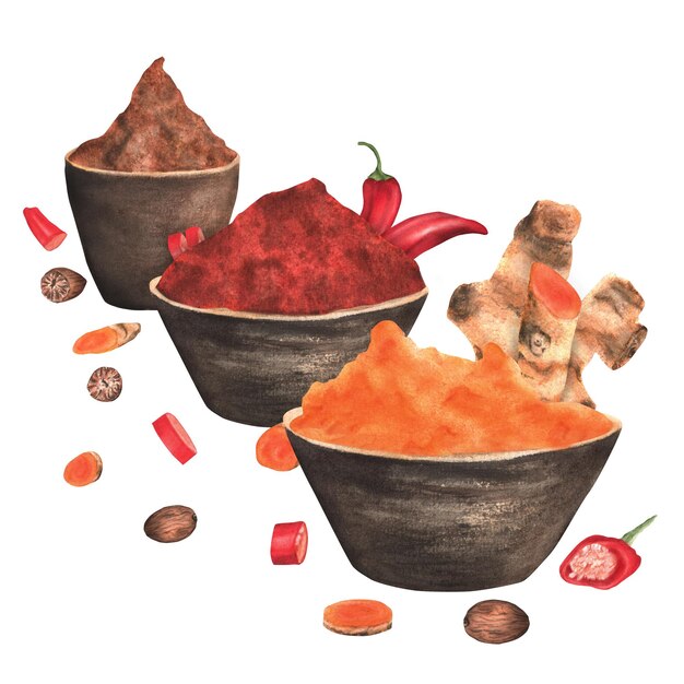 Handdrawn watercolor ceramic bowls with turmeric paprika and nutmeg