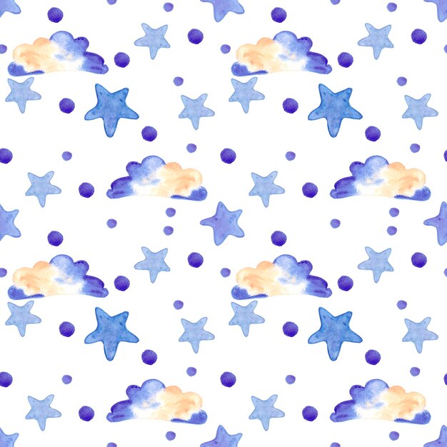 Handdrawn watercolor clouds and stars seamless pattern children's textile design typography