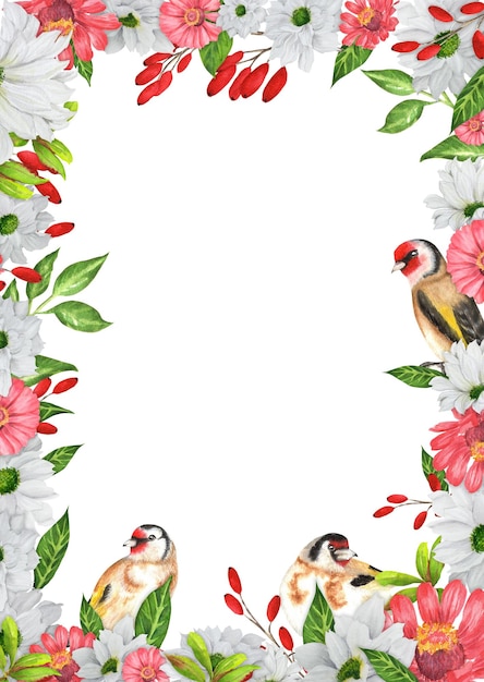 handdrawn watercolor frame with garden flowers and goldfinches