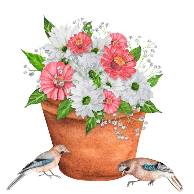 Handdrawn watercolor garden pot with flowers and birds