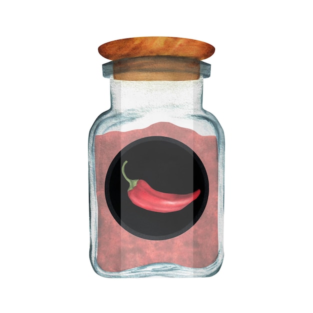 Handdrawn watercolor glass jar with paprika powder