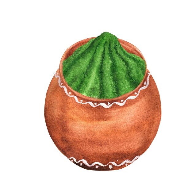 Handdrawn watercolor green powder in a clay pot