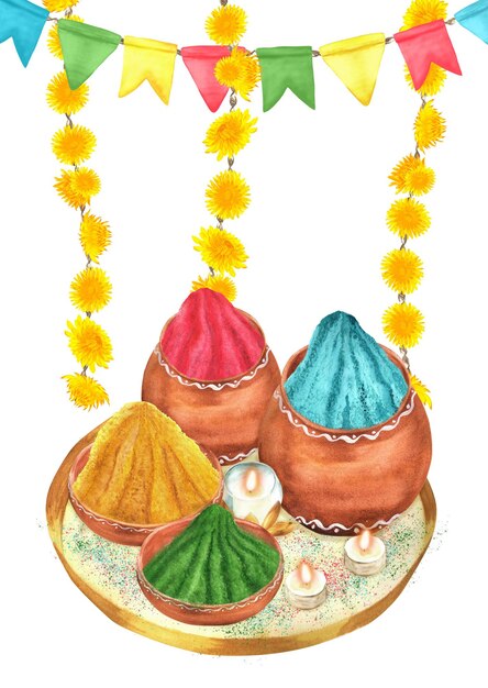 Photo handdrawn watercolor holi composition with flags floral garlands and powder paints