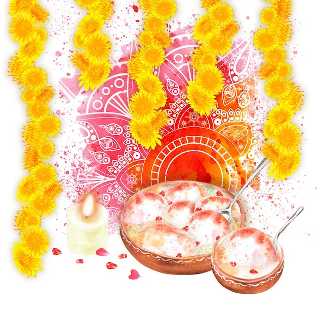 Handdrawn watercolor holi composition with red background and mandala and traditional food dahi vada