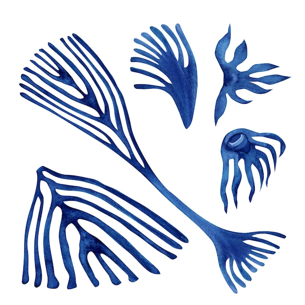 추상 블루 판타지 꽃과 잎의 Handdrawn 수채화 그림
