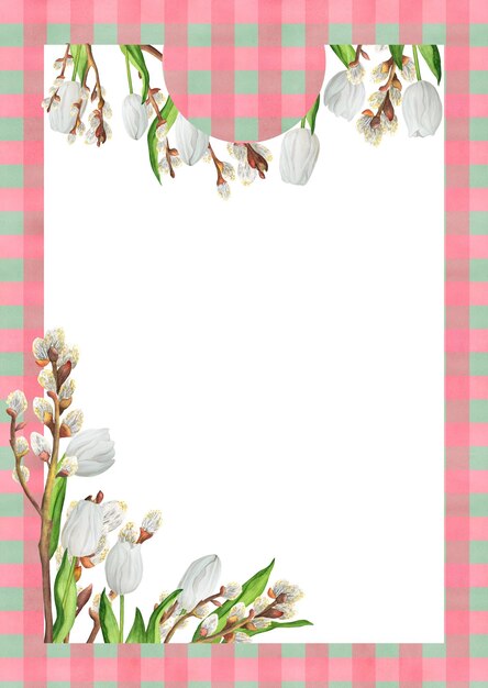 Handdrawn watercolor illustration checkered seamless pattern and floral bouquet with white tulips