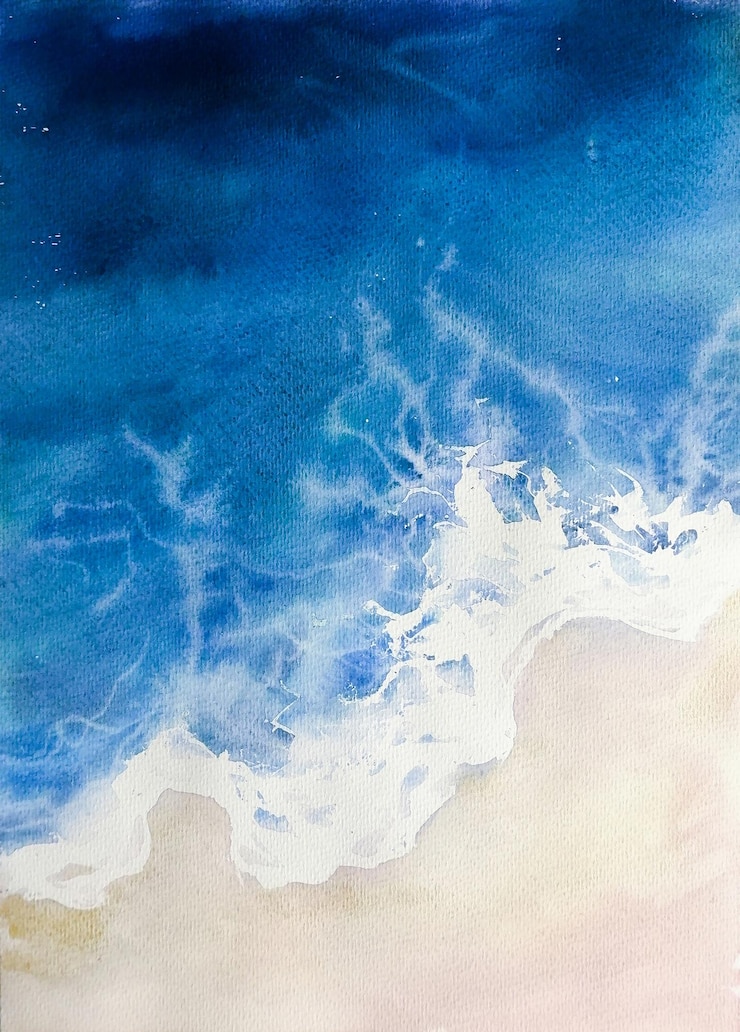 Photo handdrawn watercolor illustration of coast and ocean lines top view