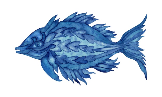 Handdrawn watercolor illustration of fantasy blue fish