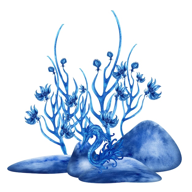 Handdrawn watercolor illustration of fantasy blue flowers stone
