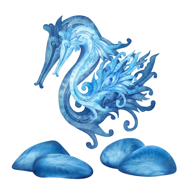 Handdrawn watercolor illustration of fantasy blue stone and seahorse