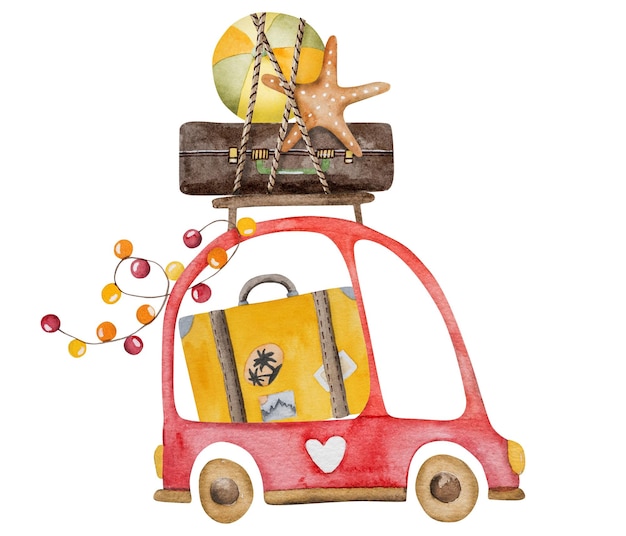 Photo handdrawn watercolor illustration features car going on vacation with suitcases on roof perfect for