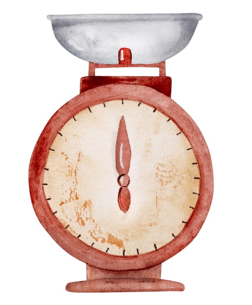 Handdrawn watercolor illustration features vintage product scales