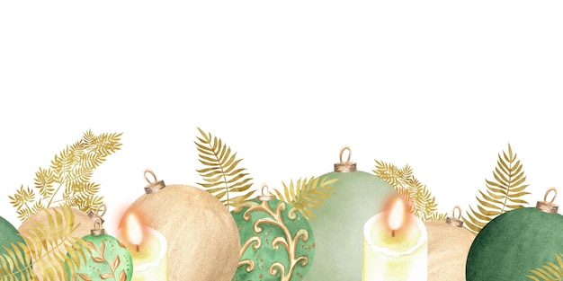 Handdrawn watercolor illustration festive seamless border with green and golden baubles candles and