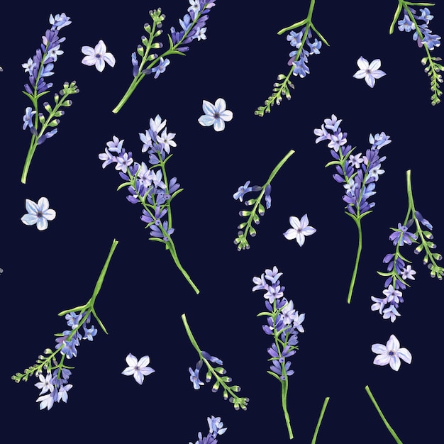 Foto illustrazione ad acquerello disegnata a mano a disegno floreale senza cuciture con fiori di lavanda sullo sfondo floreale