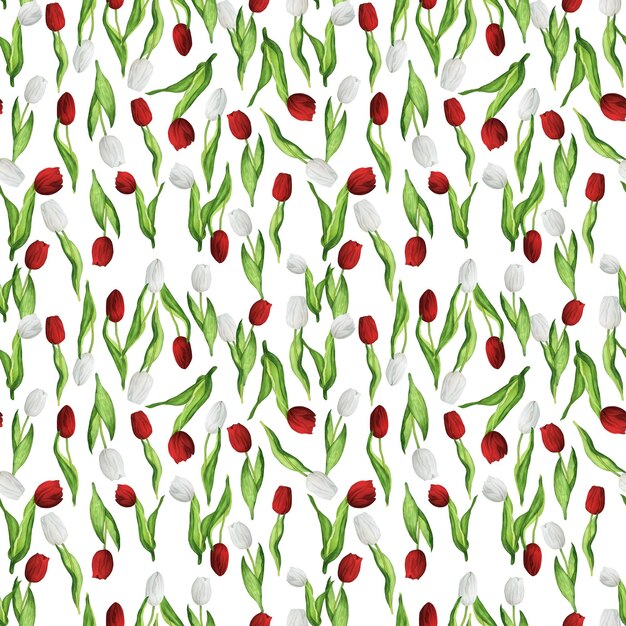 Handdrawn watercolor illustration seamless floral pattern with red and white tulips in random order