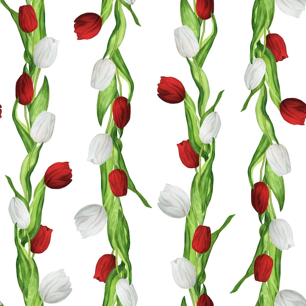 Handdrawn watercolor illustration seamless floral pattern with red and white tulips