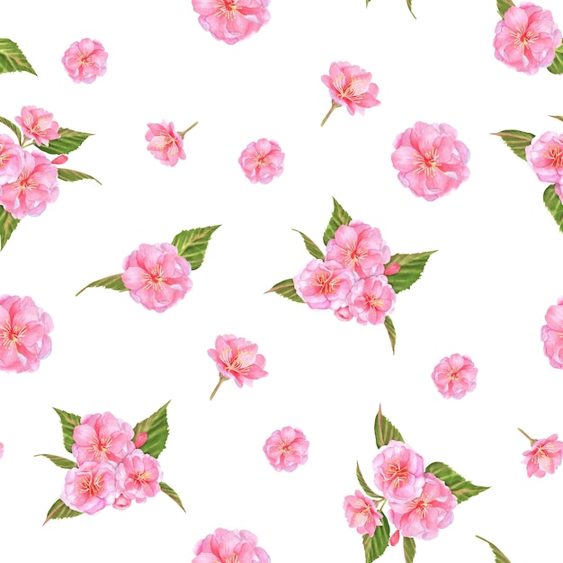 Фото Ручная акварельная иллюстрация бесшовный рисунок с розовыми цветами сакуры и цветочными листьями