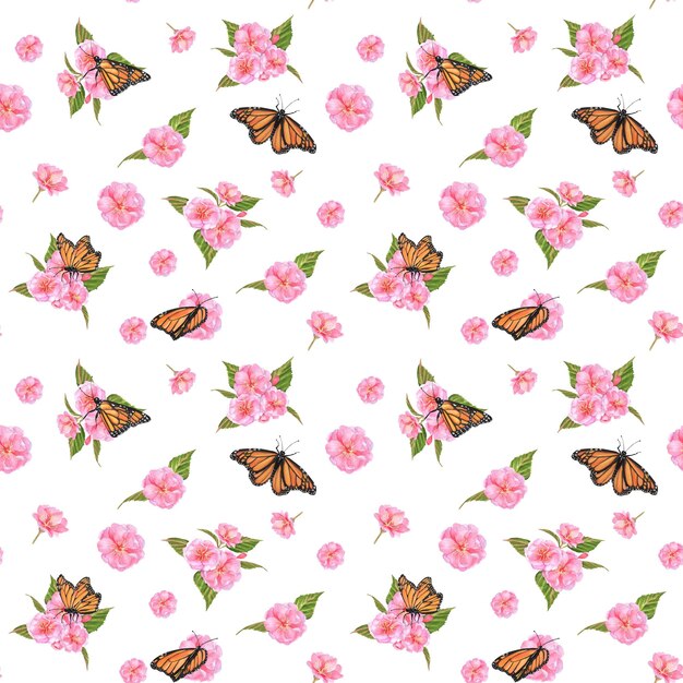 Handdrawn watercolor illustration seamless pattern with pink sakura flowers leaves and monarch