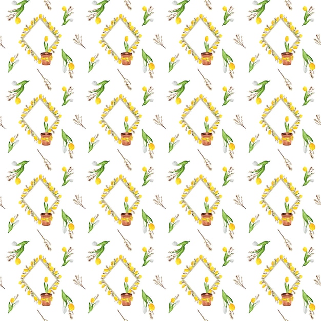 Handdrawn watercolor illustration seamless provence pattern with floral frames white and yellow