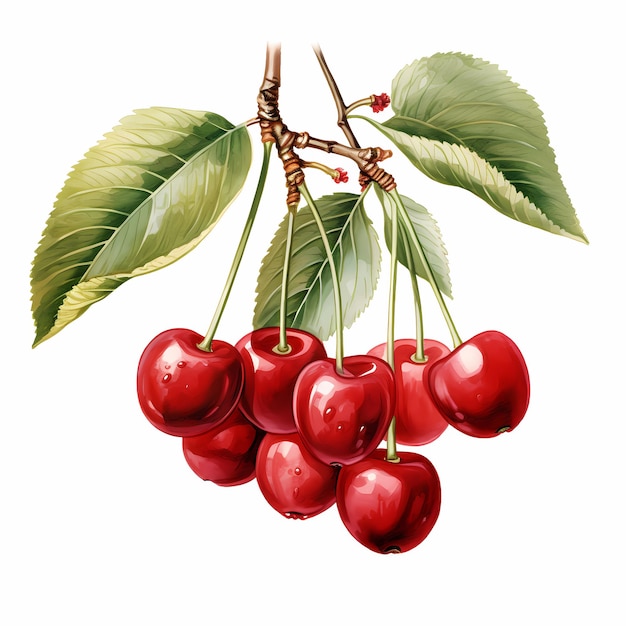 Handdrawn watercolor painting of cherry fruit on a white background