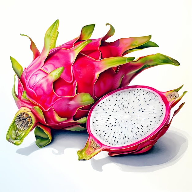 Handdrawn watercolor painting of Dragon fruit on a white background