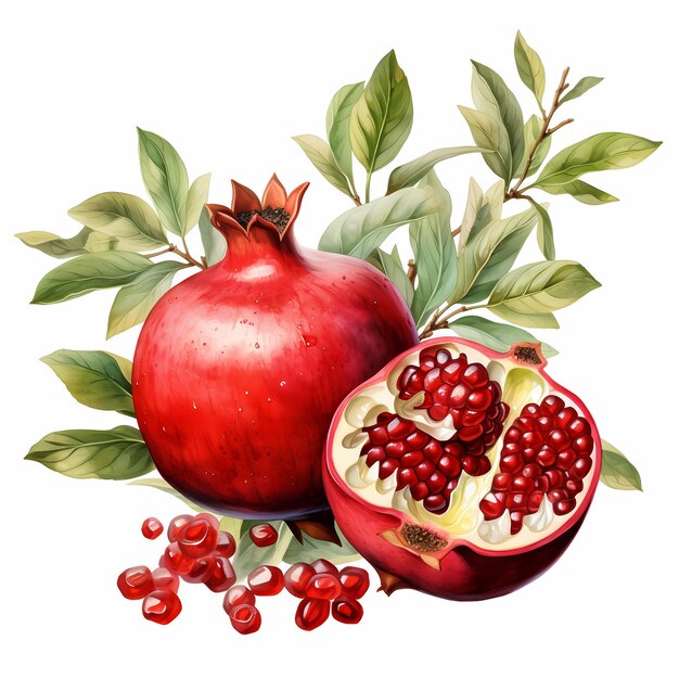 Handdrawn watercolor painting of pomegranates on a white background