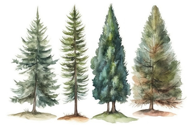 手描き水彩松の木コレクション 森のシーン用の 5 つの松の木パック 生成 AI
