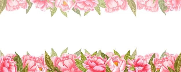 Нарисованная вручную рамка из розовых и красных цветов пиона с зелеными листьями и бутонами на белом фоне