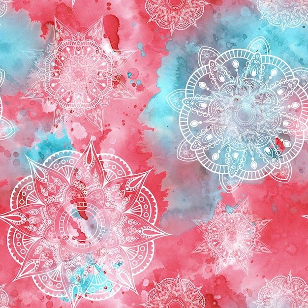 Photo handdrawn watercolor seamless pattern with mandala