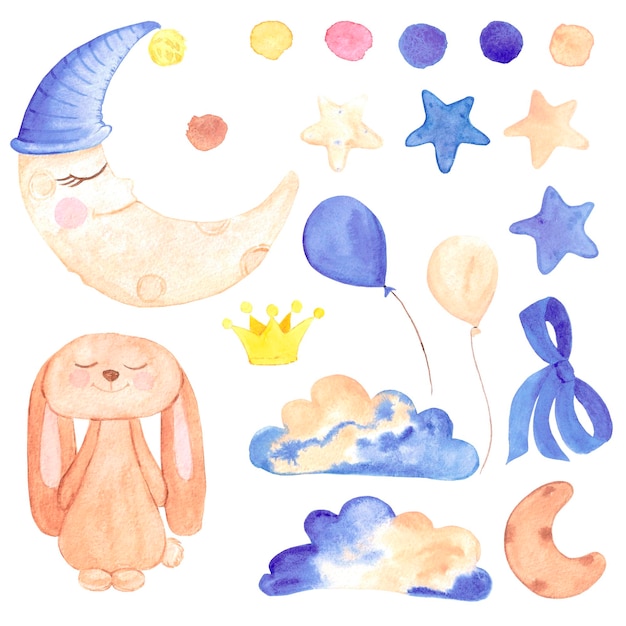 handdrawn watercolor set of elements for children's textile scrapbook poster label banner card
