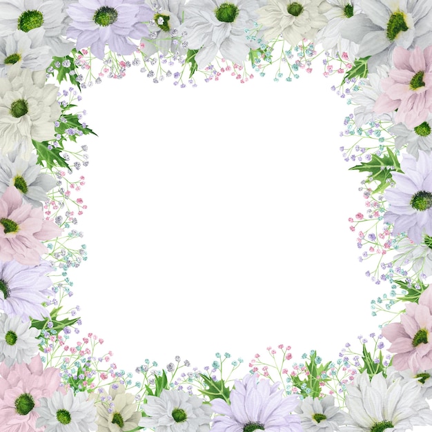 Handdrawn watercolor square frame with pale pink and lilac chrysanthemum with colored gypsophila