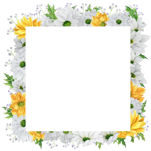 Handdrawn watercolor square frame with white and yellow chrysanthemum with gypsophila