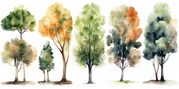 Handdrawn watercolor trees collection for naturethemed designs generative ai