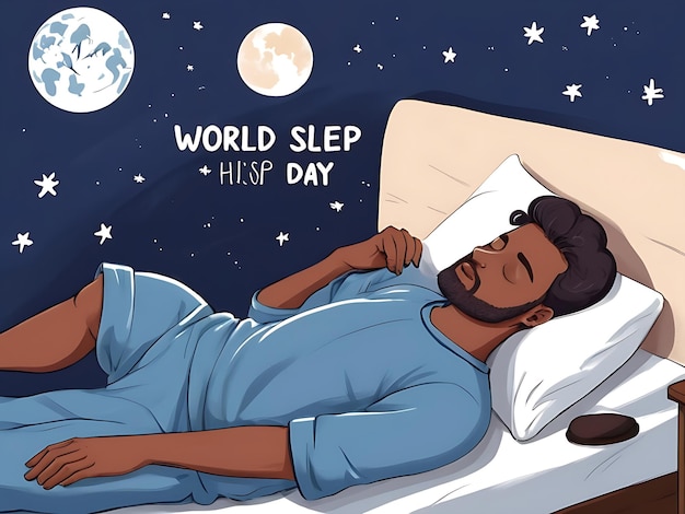 Foto illustrazione disegnata a mano della giornata mondiale del sonno con l'uomo che si riposa