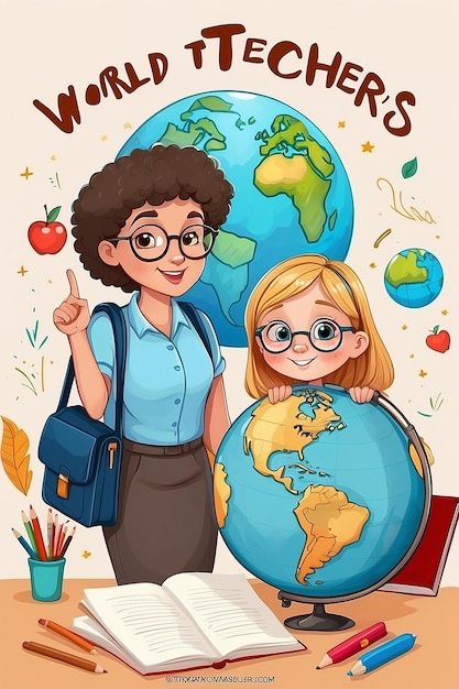 HandDrawn World Teachers Day with Teacher and Pupil