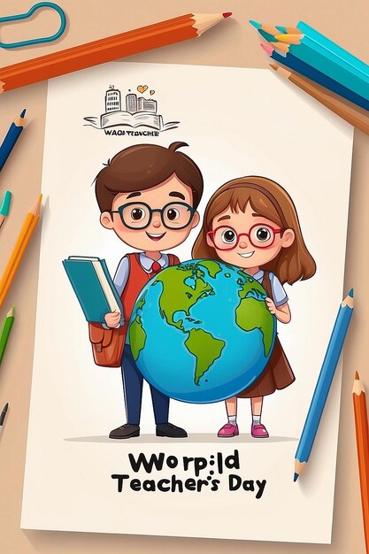 世界教師デー 先生と生徒との手描き
