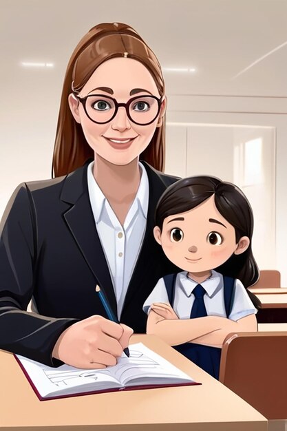 Ручной рисунок Всемирного дня учителей с учителем и учеником