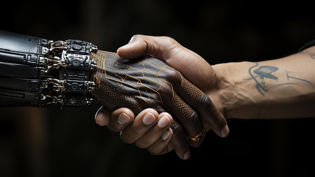 Handdruk van een moderne robothand met een man close-up foto