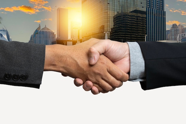 Handdrukken van zakenlieden met een partner Begroeting van fusies en overnames Bedrijfs joint venture-concept voor bedrijfsfinanciering en beleggingsachtergrond