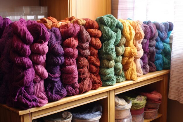 Handdyed yarns ready for tapestry weaving created with generative ai