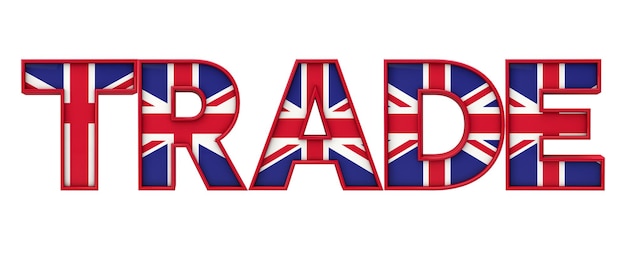 Handelswoord gemaakt van Union Jack-vlagbelettering 3D-rendering