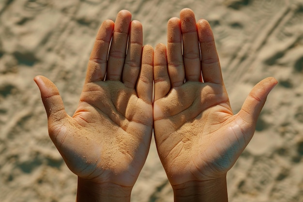 Handen bedekt met zand tegen de achtergrond van de woestijn